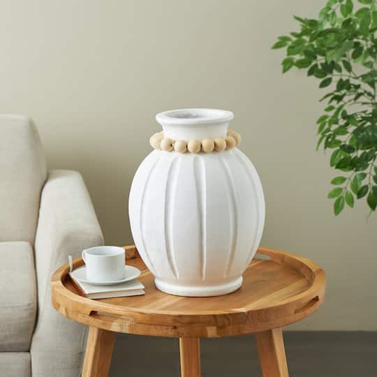 15.25" White with Light Brown Beads & Carved Grooves Decorative Vase